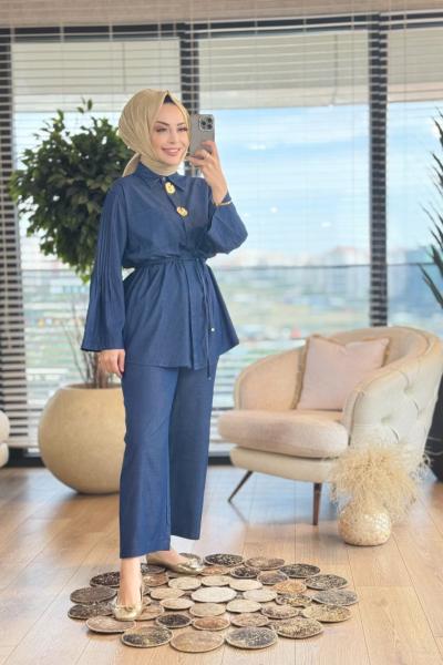 22699 Tencel Kolları Nervür Dikişli Takım Lacivert