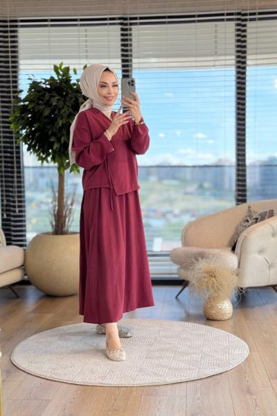 22703 Yandan Bağlamalı Etekli Takım Bordo