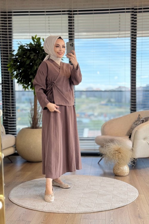 22703 Yandan Bağlamalı Etekli Takım Vizon