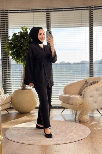 22705 Kendinden Çizgili Yandan Bağlamalı Takım Siyah