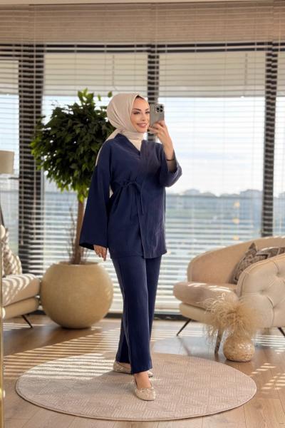 22705 Kendinden Çizgili Yandan Bağlamalı Takım Lacivert