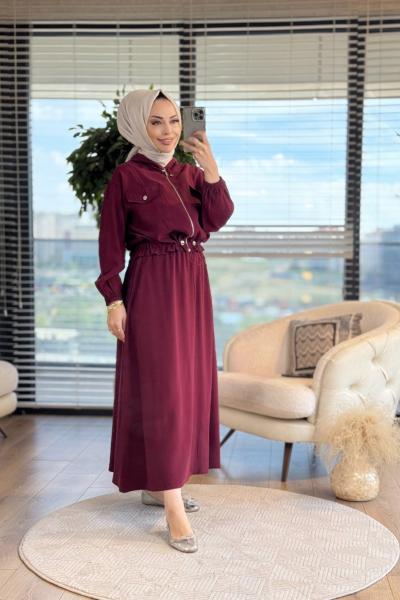 22706 Ön 2 Cepli Fermuarlı Etekli Takım Bordo