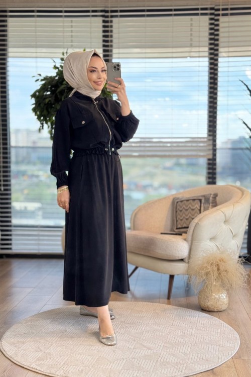 22706 Ön 2 Cepli Fermuarlı Etekli Takım Siyah