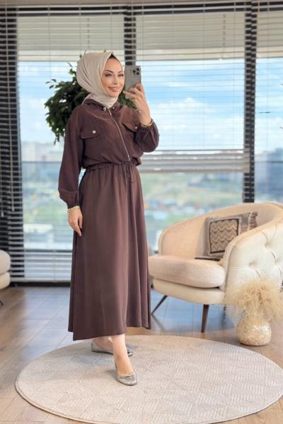 22706 Ön 2 Cepli Fermuarlı Etekli Takım Kahve