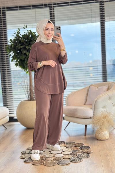 22708 Etek Ucu Dikiş Ve Parça Detaylı Takım Kahve