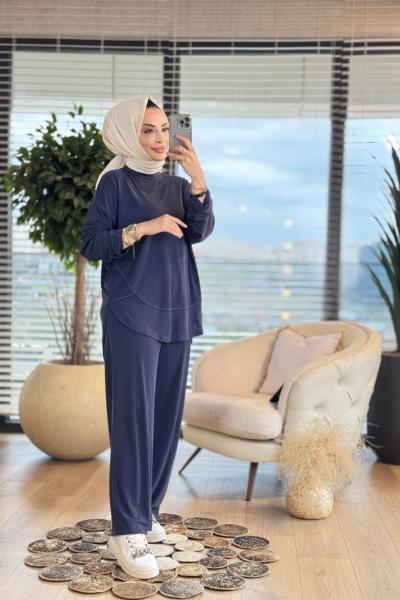 22708 Etek Ucu Dikiş Ve Parça Detaylı Takım Lacivert