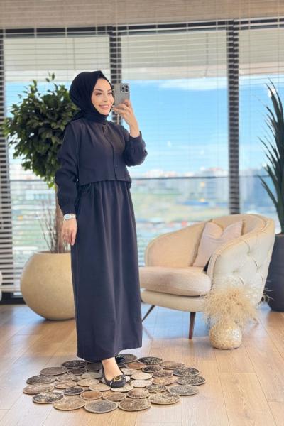 22711 Elbise Üstü Yelekli 2li Takım Siyah