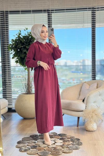 22711 Elbise Üstü Yelekli 2li Takım Bordo