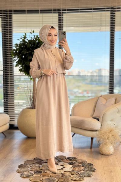 22711 Elbise Üstü Yelekli 2li Takım Bej