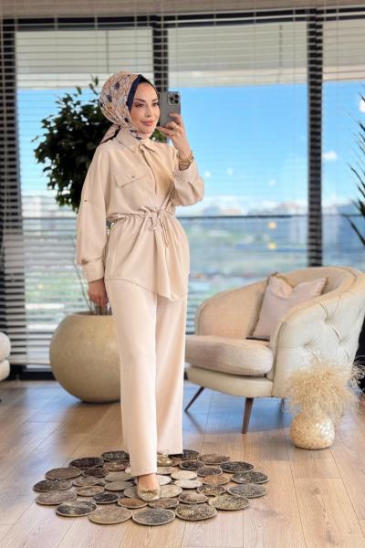 22717 Kol Katlamalı Beli Bağcıklı Takım Bej