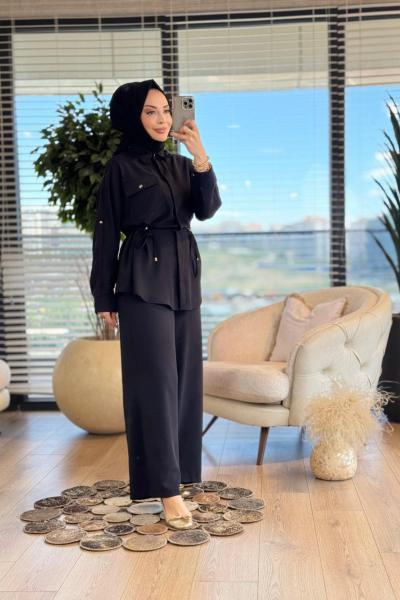 22717 Kol Katlamalı Beli Bağcıklı Takım Siyah