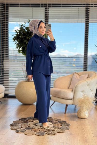 22717 Kol Katlamalı Beli Bağcıklı Takım Lacivert