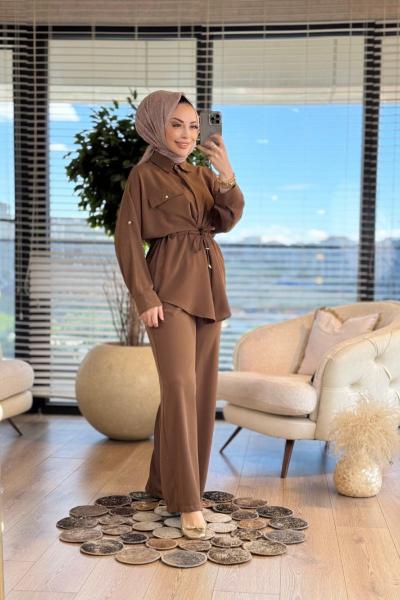 22717 Kol Katlamalı Beli Bağcıklı Takım Kahve
