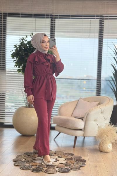 22722 Robası Fırfır Detaylı Takım Bordo