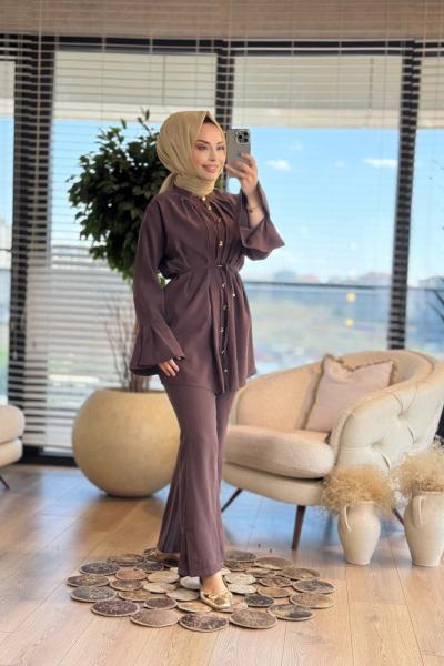 22728 Metal Düğmeli Kalın Manşetli Takım Kahve