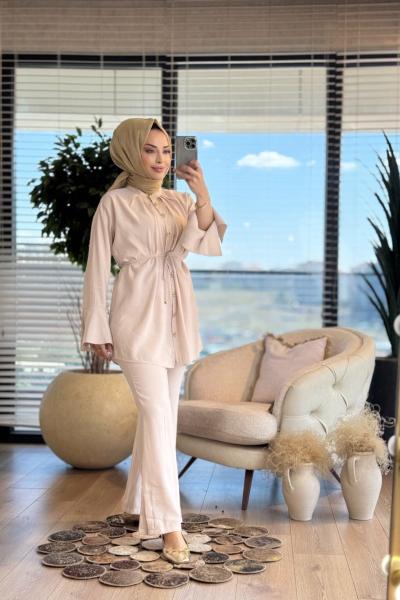 22728 Metal Düğmeli Kalın Manşetli Takım Açık Bej