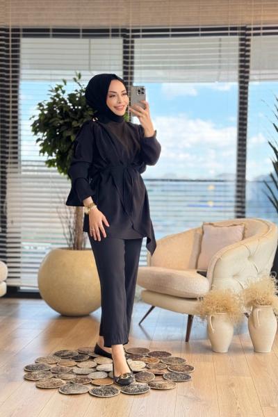 22730 Ön Şal Yaka Parçalı Takım Siyah