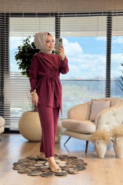 22730 Ön Şal Yaka Parçalı Takım Bordo