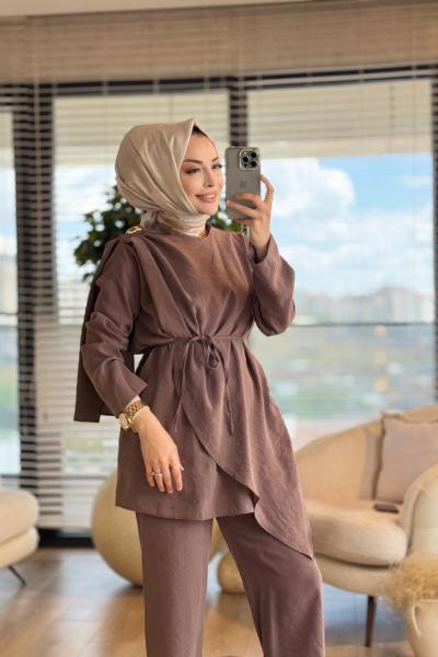 22730 Ön Şal Yaka Parçalı Takım Vizon