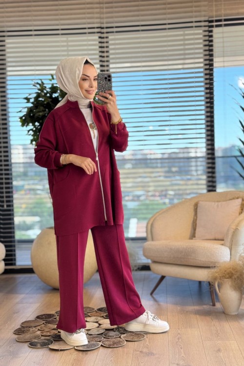 22741 Osyho Cep Dikiş Detaylı Fermuarlı Takım Bordo