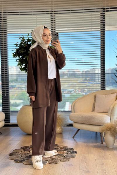 22741 Osyho Cep Dikiş Detaylı Fermuarlı Takım Kahve