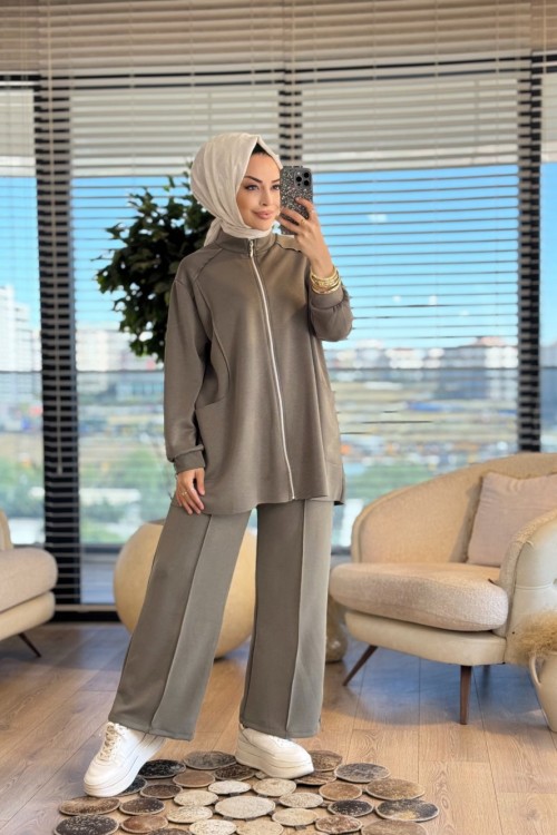 22741 Osyho Cep Dikiş Detaylı Fermuarlı Takım Haki