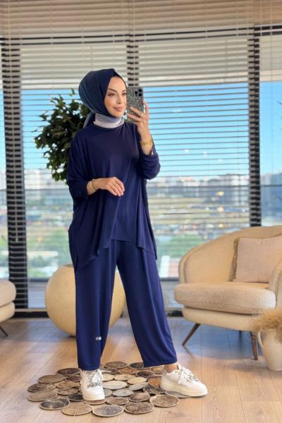 22743 Ön Kısa Arka Uzun Bluzlu Takım Lacivert