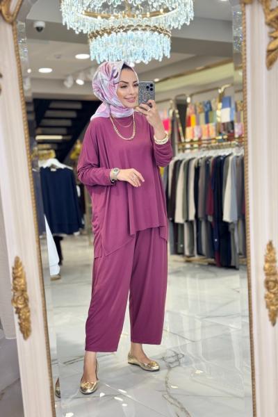 22743 Ön Kısa Arka Uzun Bluzlu Takım Mürdüm