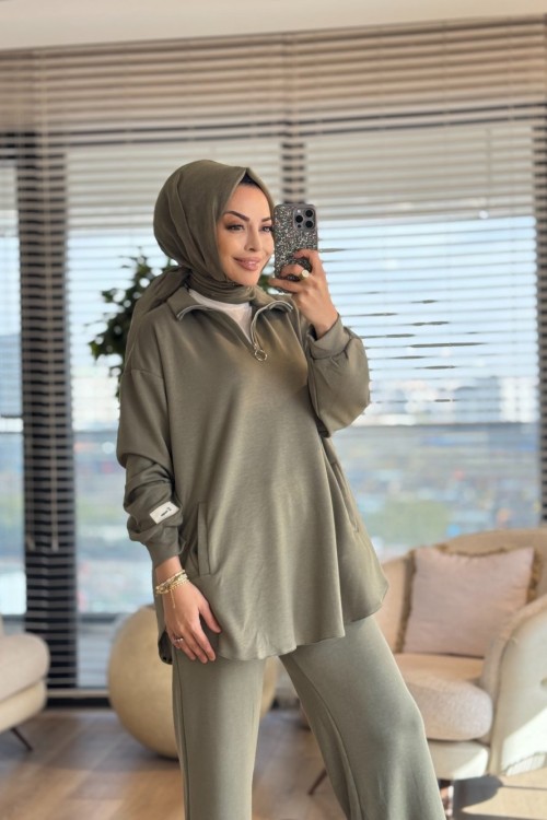 22745-1 Kolu Etiket Detaylı Takım Haki