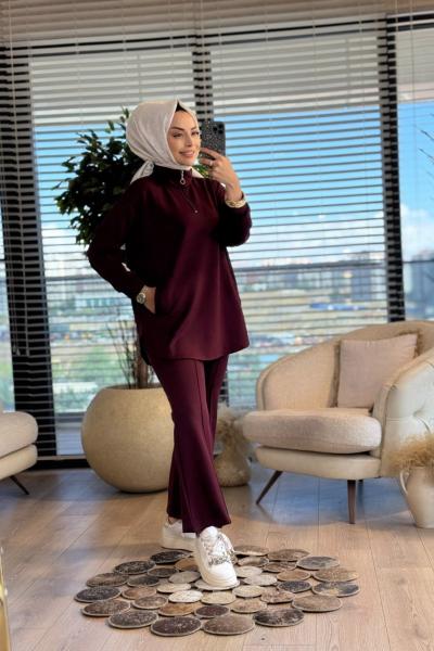 22745 Kolu Etiket Detaylı Takım Bordo