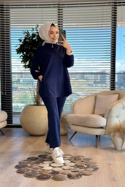 22745 Kolu Etiket Detaylı Takım Lacivert