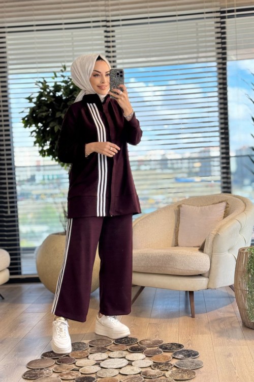 22754 Ön Ve Pantolon Yanı Çizgili Takım Bordo