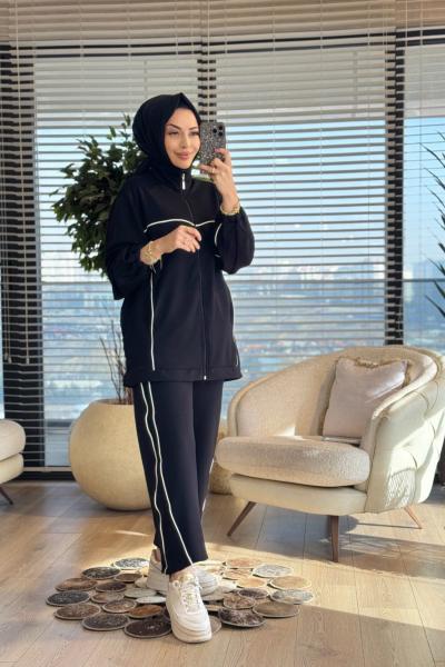 22755 Ön Kol Ve Pantolon Yanı Biye Detaylı Takım Siyah