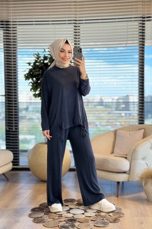 22758 Etek Ucu İp Detaylı Takım Siyah