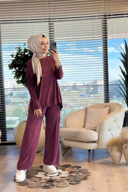 22758 Etek Ucu İp Detaylı Takım Bordo