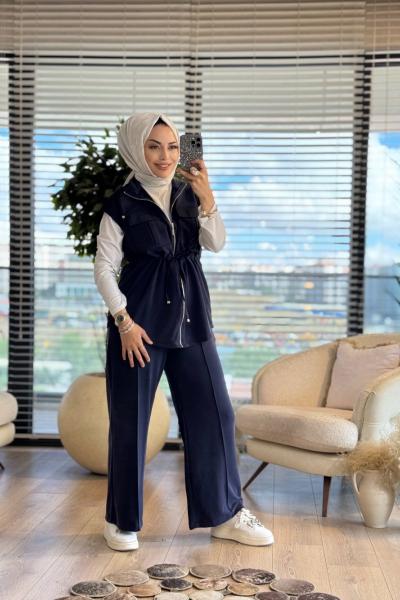 22760 Ön İki Cepli Fermuarlı Yelekli Takım Lacivert