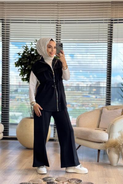 22760 Ön İki Cepli Fermuarlı Yelekli Takım Siyah