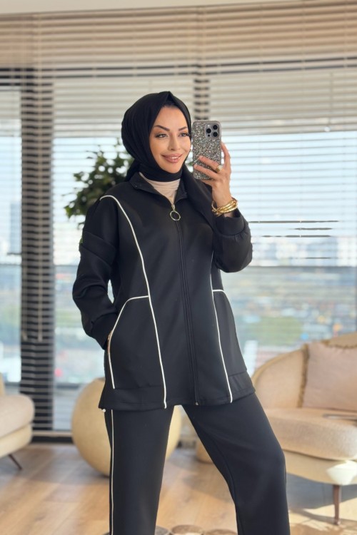 22763 Biye Detaylı Önü Fermuarlı Takım Siyah
