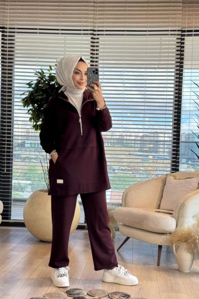 22775 Ön Parça Detaylı Ferm.Kapşonlu Takım Bordo