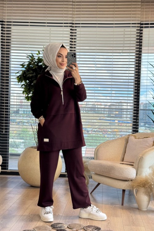 22775 Ön Parça Detaylı Ferm.Kapşonlu Takım Bordo