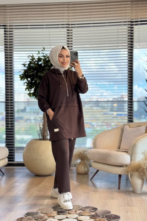 22775 Ön Parça Detaylı Ferm.Kapşonlu Takım Kahve