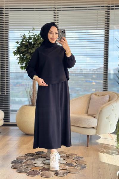 22779 Etek Ucu Parçalı Yarasa Kol Takım Siyah