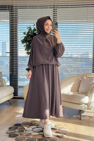 22792 Patı İp Geçmeli Yakasız Takım Kahve