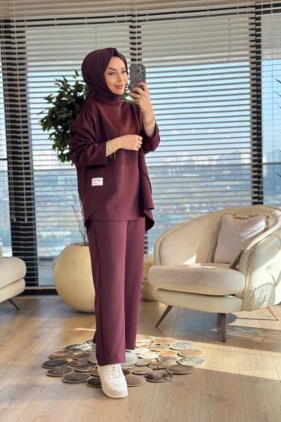 22809 Yanları Parça Ve Etiket Detaylı Takım Bordo