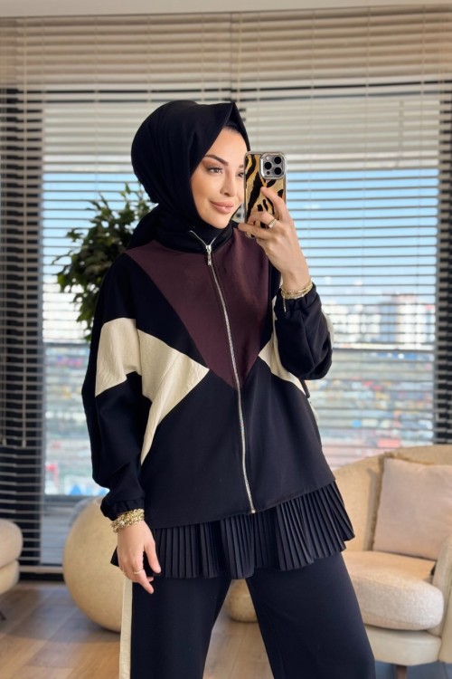 22836 Önü Renkli Parçalı Fermuarlı Takım Siyah