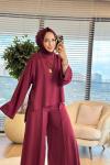 22880 Keten Ön Kısa Arka Uzun Tunik Takım Bordo