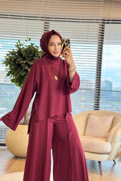 22880 Keten Ön Kısa Arka Uzun Tunik Takım Bordo
