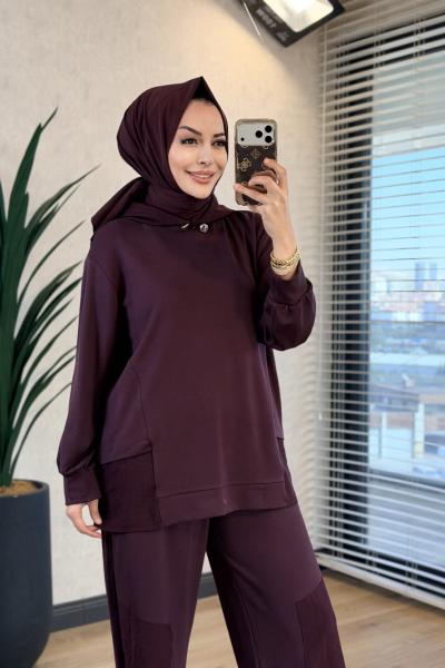 22887 Etek Ucu Ve Pantolonu Parçalı Takım Mürdüm