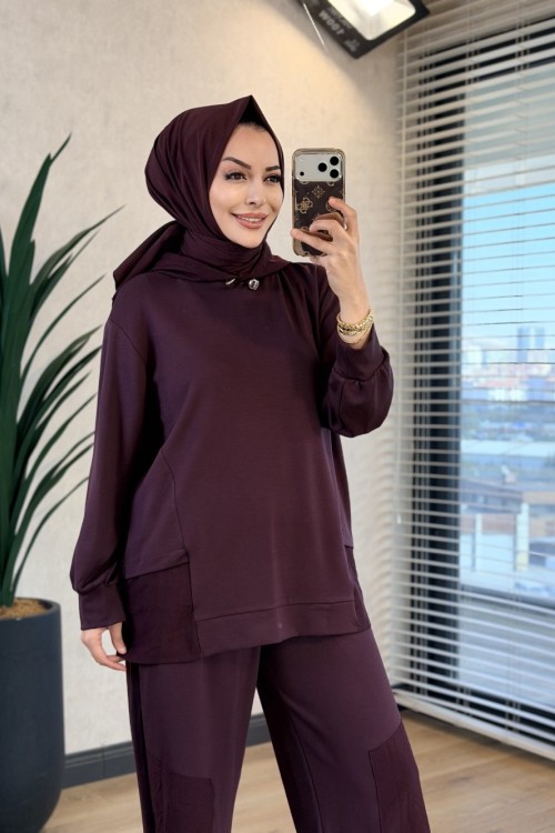 22887 Etek Ucu Ve Pantolonu Parçalı Takım Mürdüm