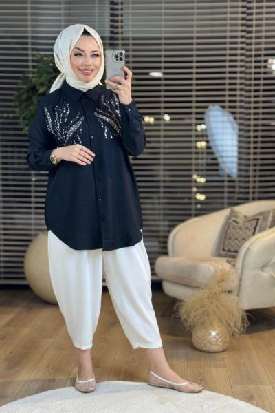 2293 Çift Renk Pul Detaylı Gömlek Siyah